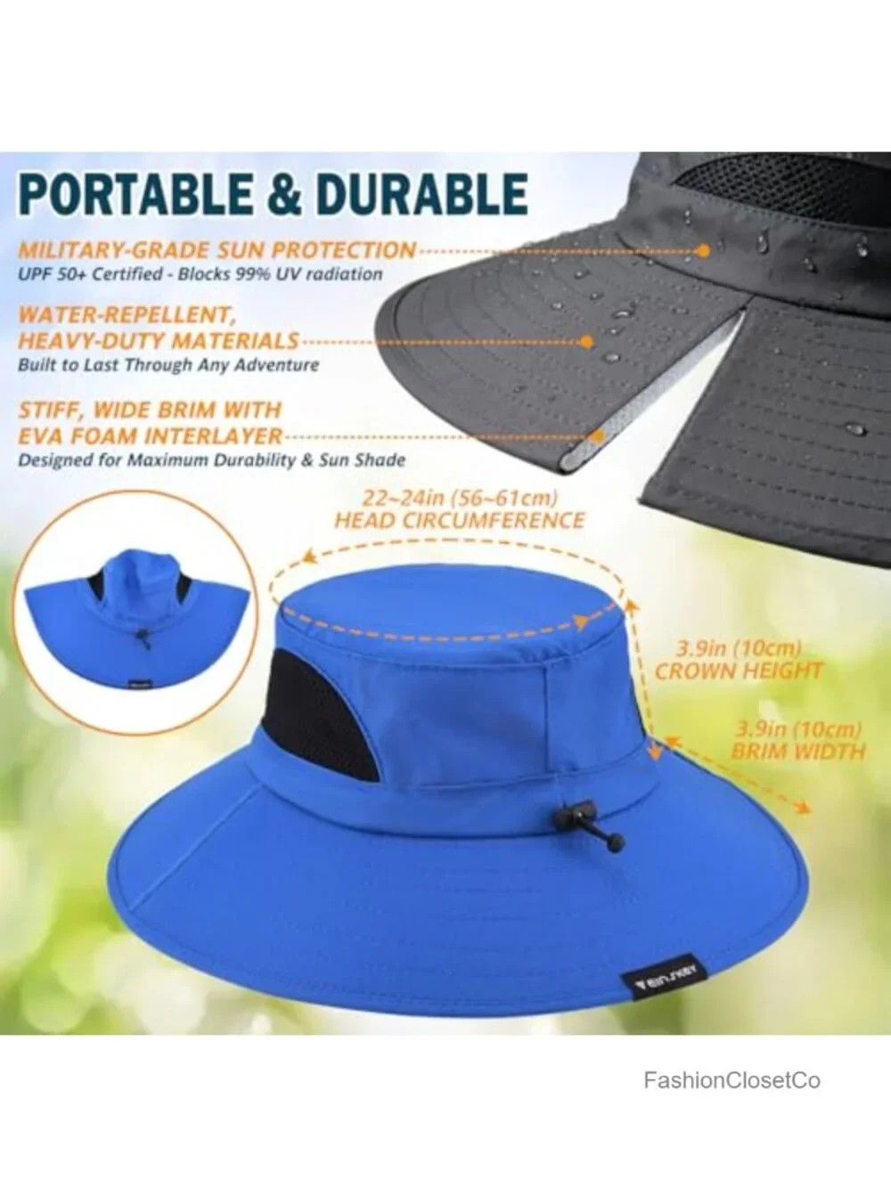Wide Brim Sun Bucket Hat UPF 50+ Waterproof Adjustable Chin Strap Unisex